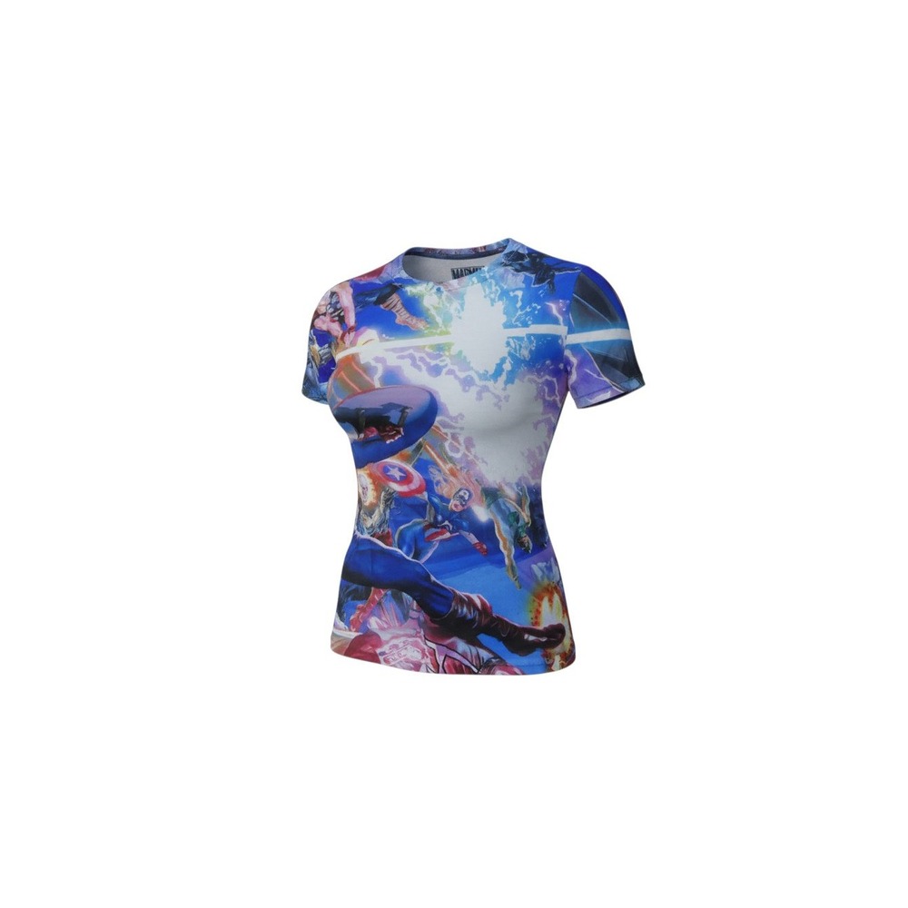 Marvel T-Shirt Womens Small Blue All Over Print Avengers Graphic Tee